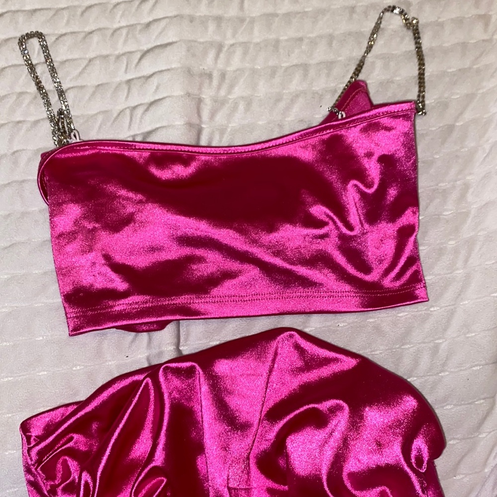 hot pink cami top with sparkly straps and hot pink scrunched mini skirt